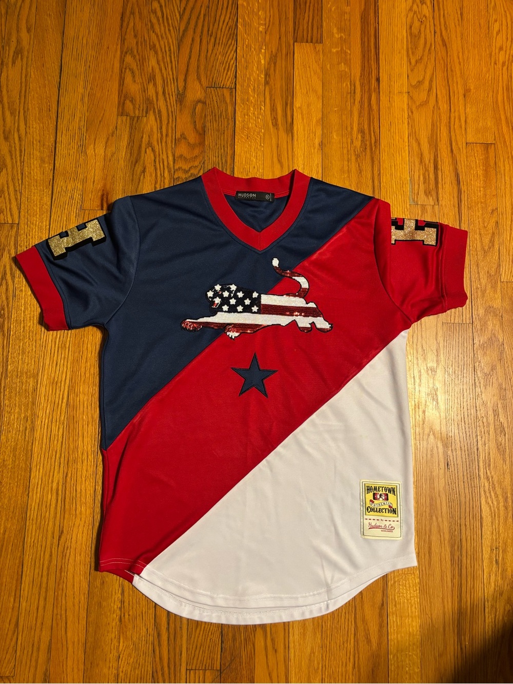 Hudson Jeans  Red, Navy & White Diagonal Star  sequined shirt